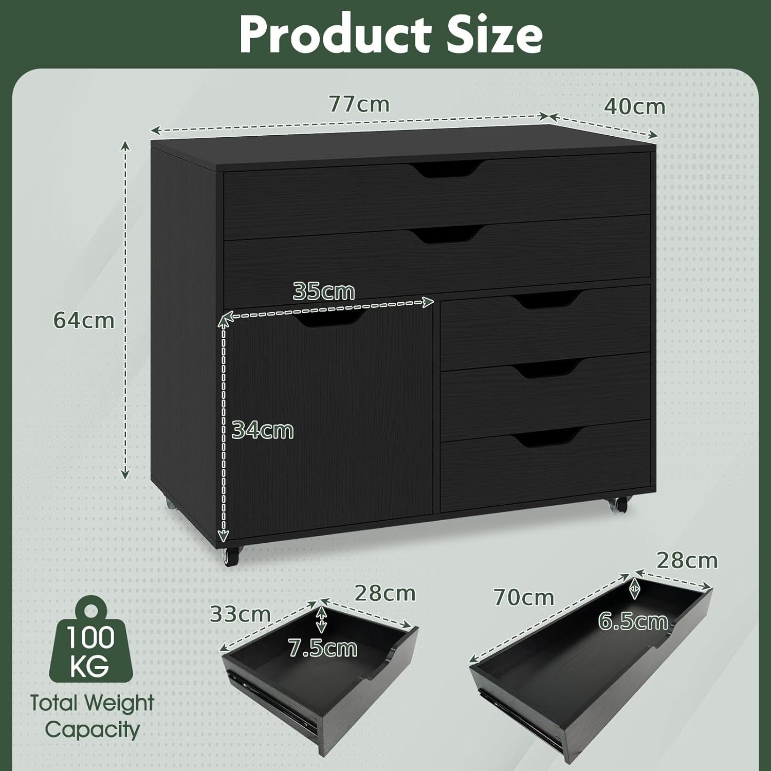 Black Mobile File Cabinet 77x40x64cm 5 Drawer Printer Stand