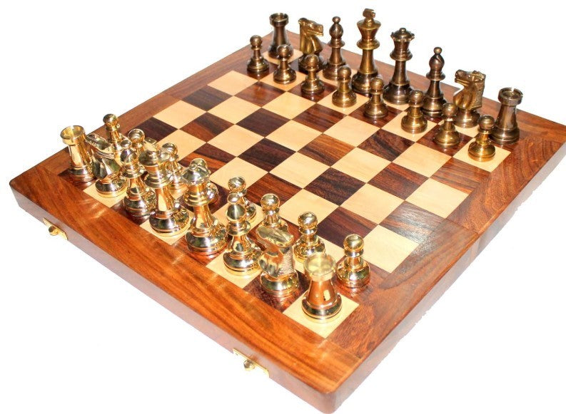 Luxury 14" Folding Wooden Chess Set – Inlaid Board + Brass Staunton Pieces