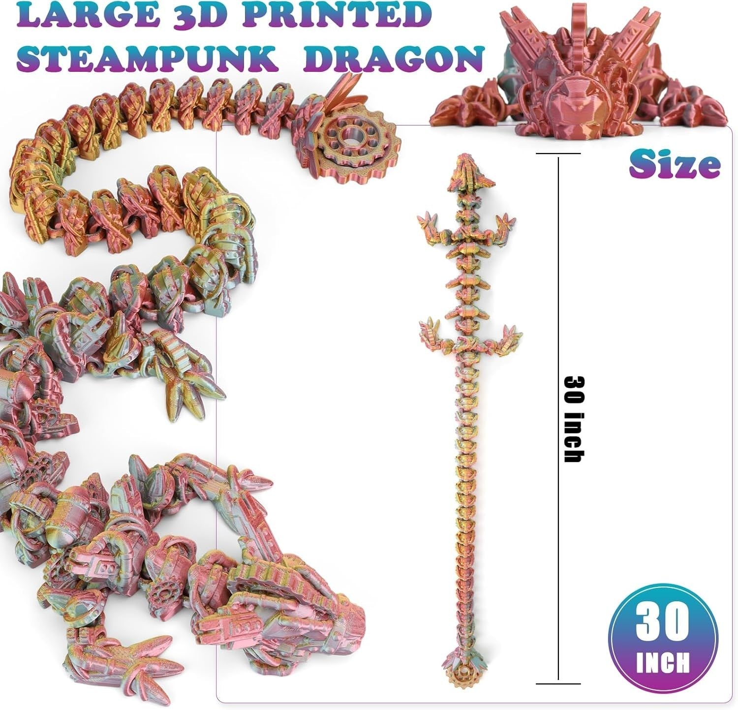 Large 3D Printed Steampunk Dragon Articulated Fidget Desk Decor