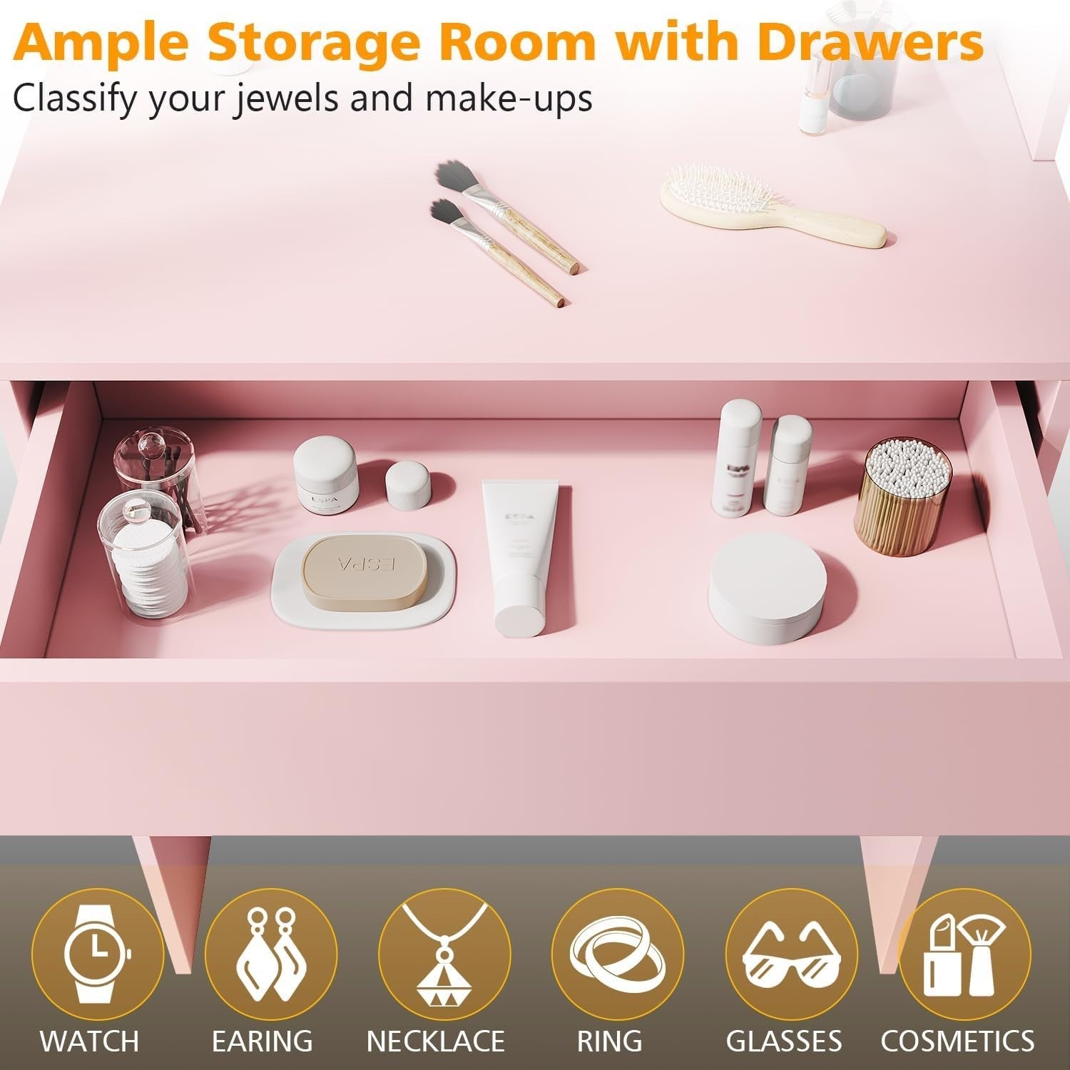 Pink Vanity Makeup Dressing Table Mirror Set Hollywood LED Lights Drawer 66x140c
