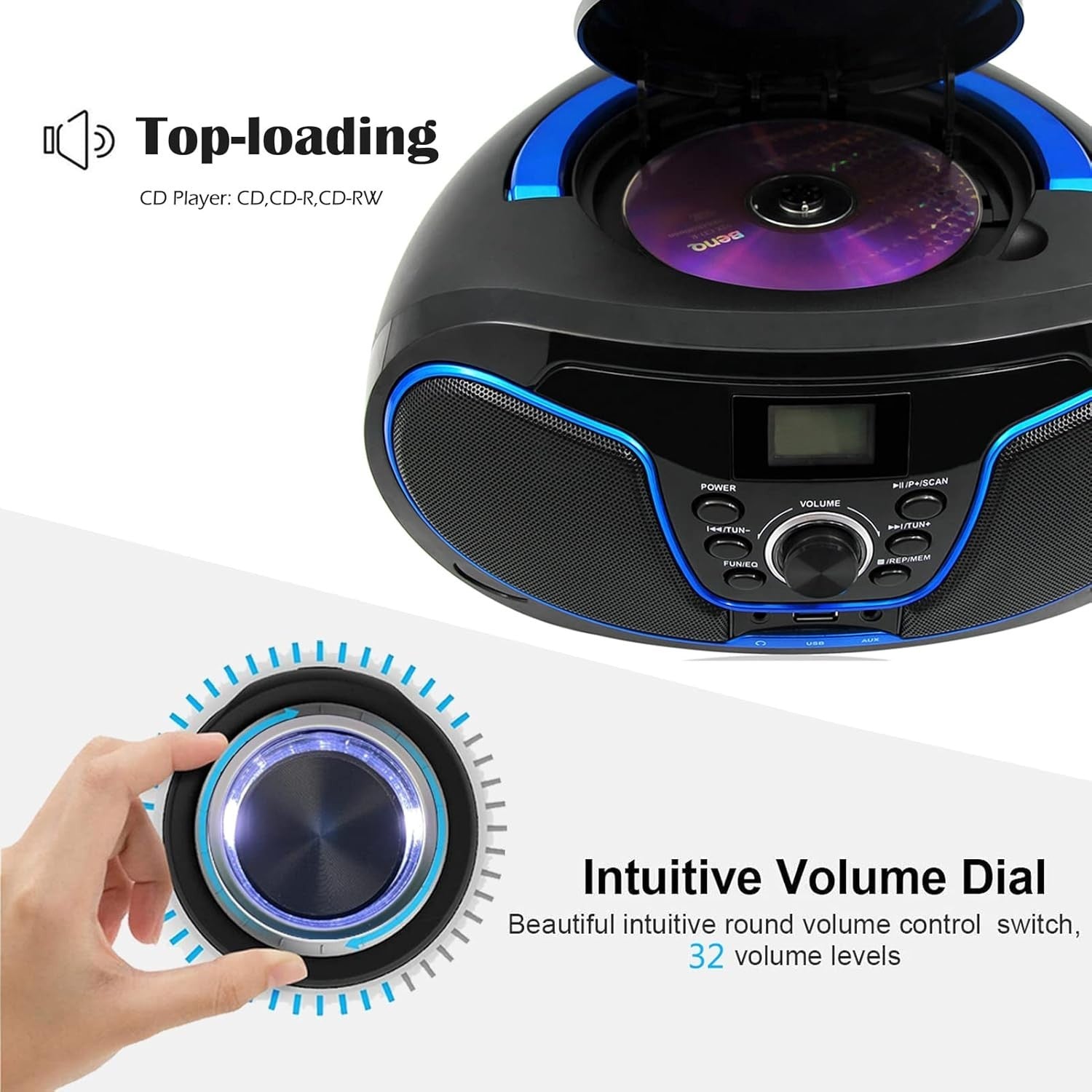 Portable Boombox CD Player Bluetooth FM Radio USB AUX Stereo Blue