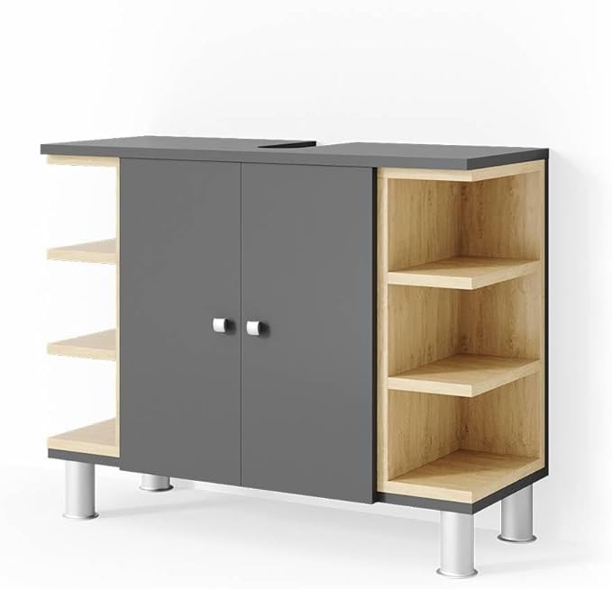 Anthracite Bathroom Sink Cabinet 79x64x32cm Oak Storage Unit with Shelves