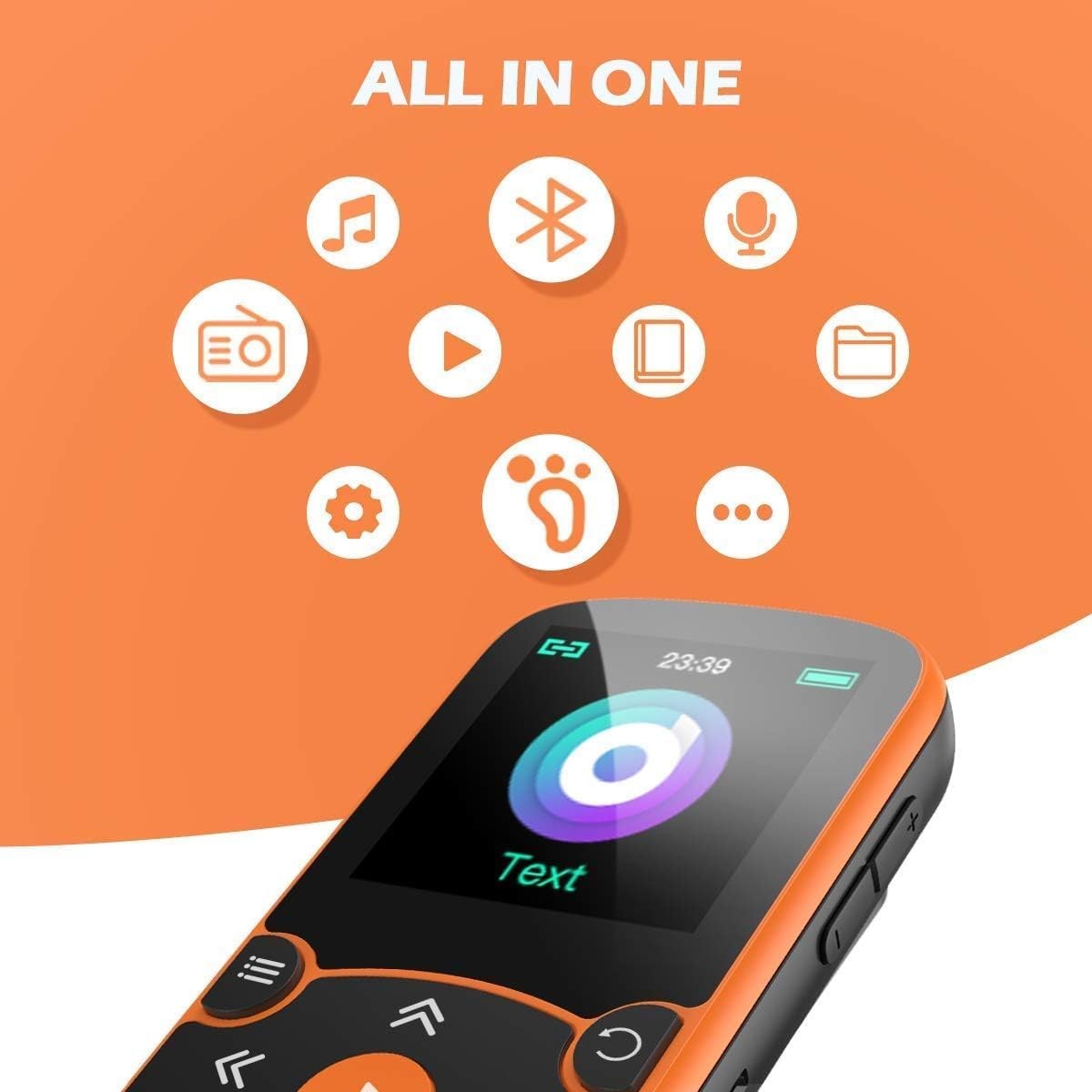 32GB Bluetooth 5.3 Sport MP3 Player Orange 1.5" Screen Clip