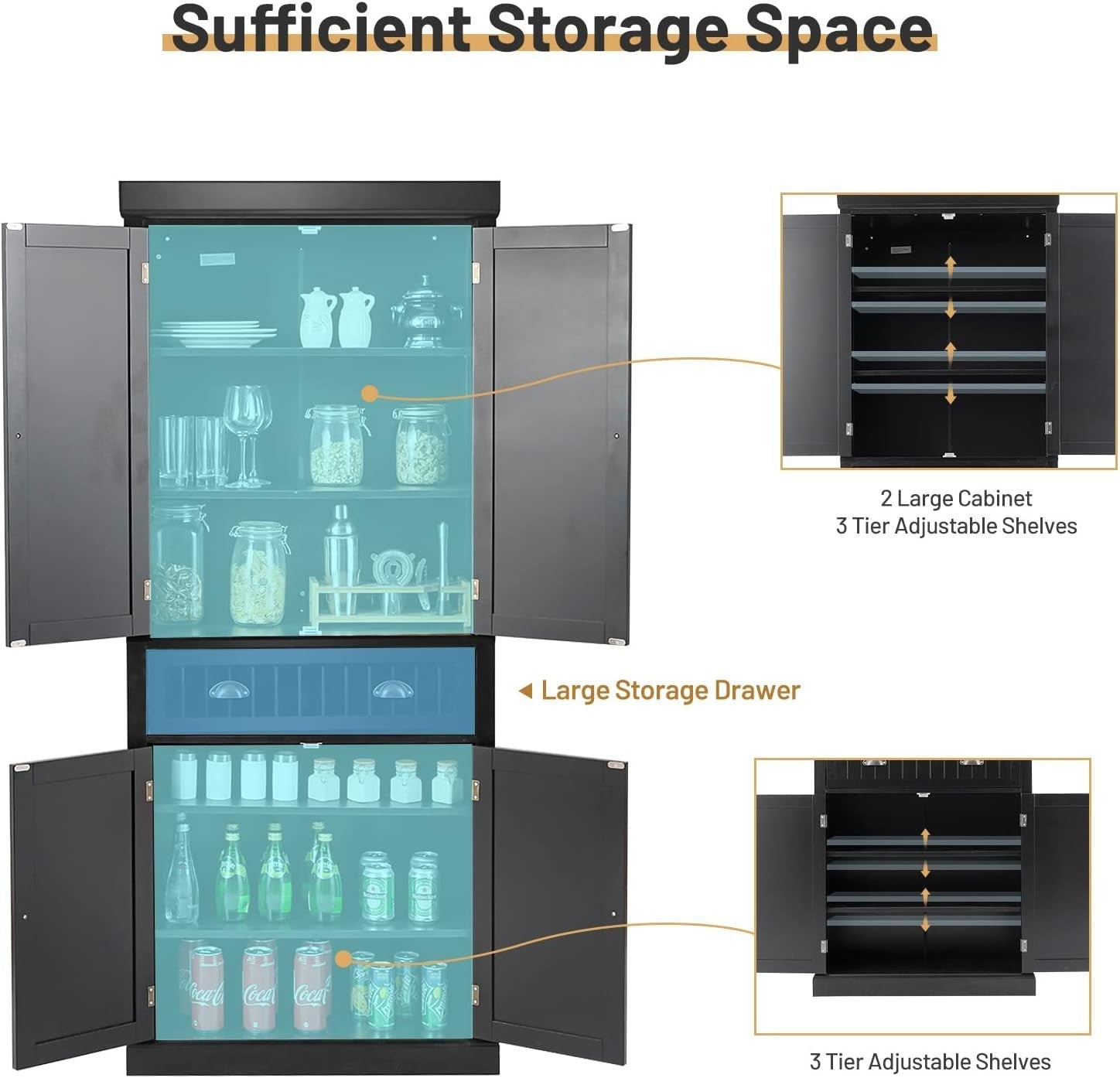 Black Tall Kitchen Cupboard 183cm Pantry Storage Cabinet Unit Shelves
