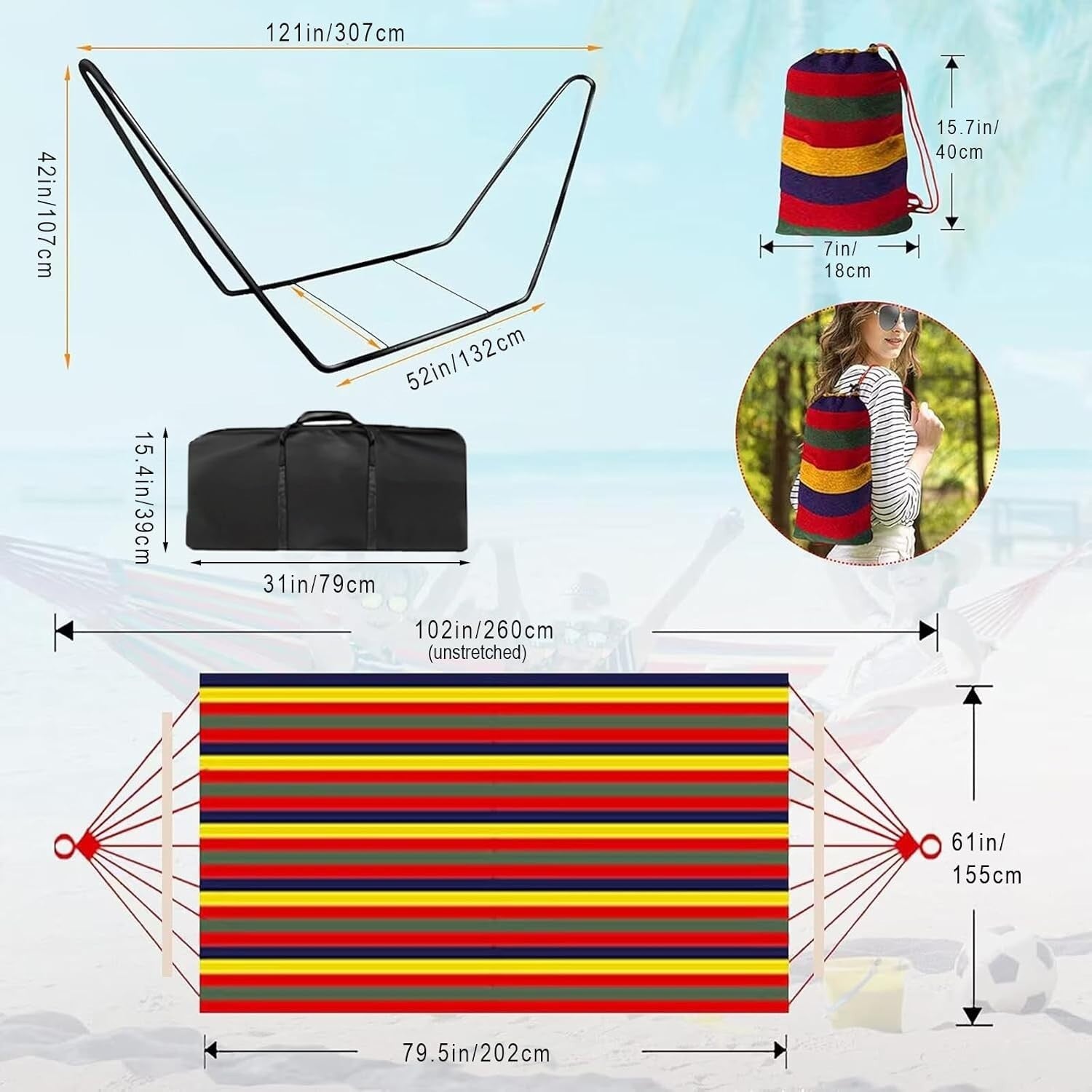 Double Cotton Hammock with Stand, Adjustable, Portable, Easy Set-Up, 200kg Capac