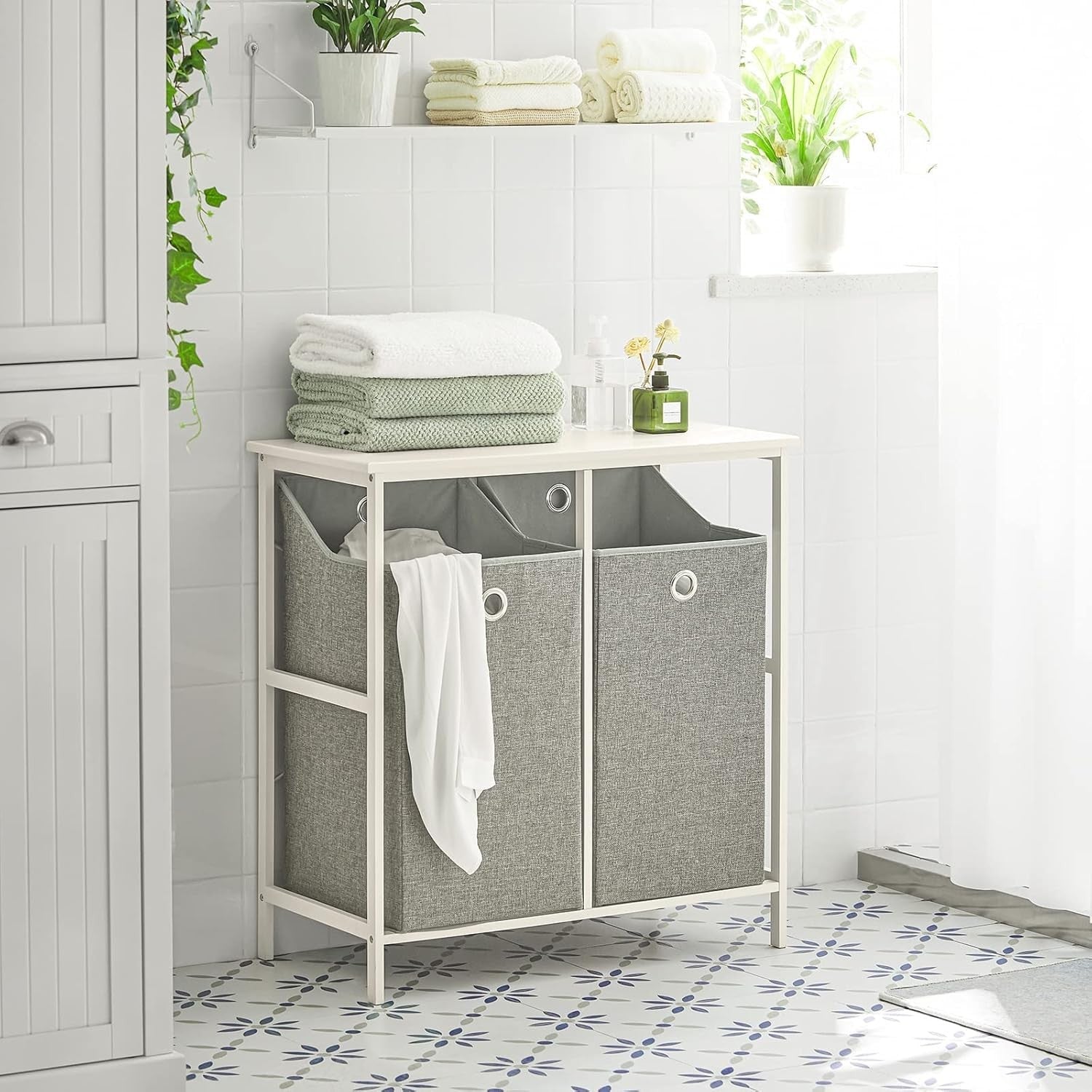 Slim Bathroom Laundry Cabinet with 2 Foldable Baskets Storage Unit Organizer