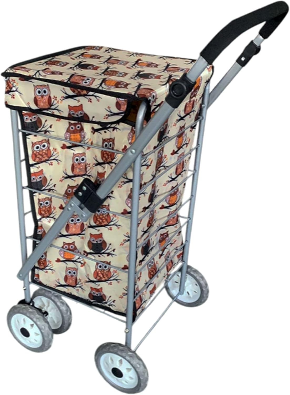 Foldable 6-Wheel Shopping Trolley 60L Lightweight Cart Beige Owl Print