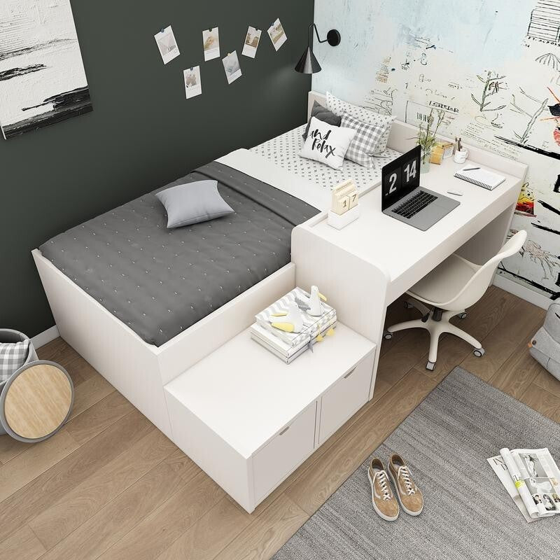 3FT Kids White Bed with Desk & Drawers | Wooden Single Storage Bed 90x190cm
