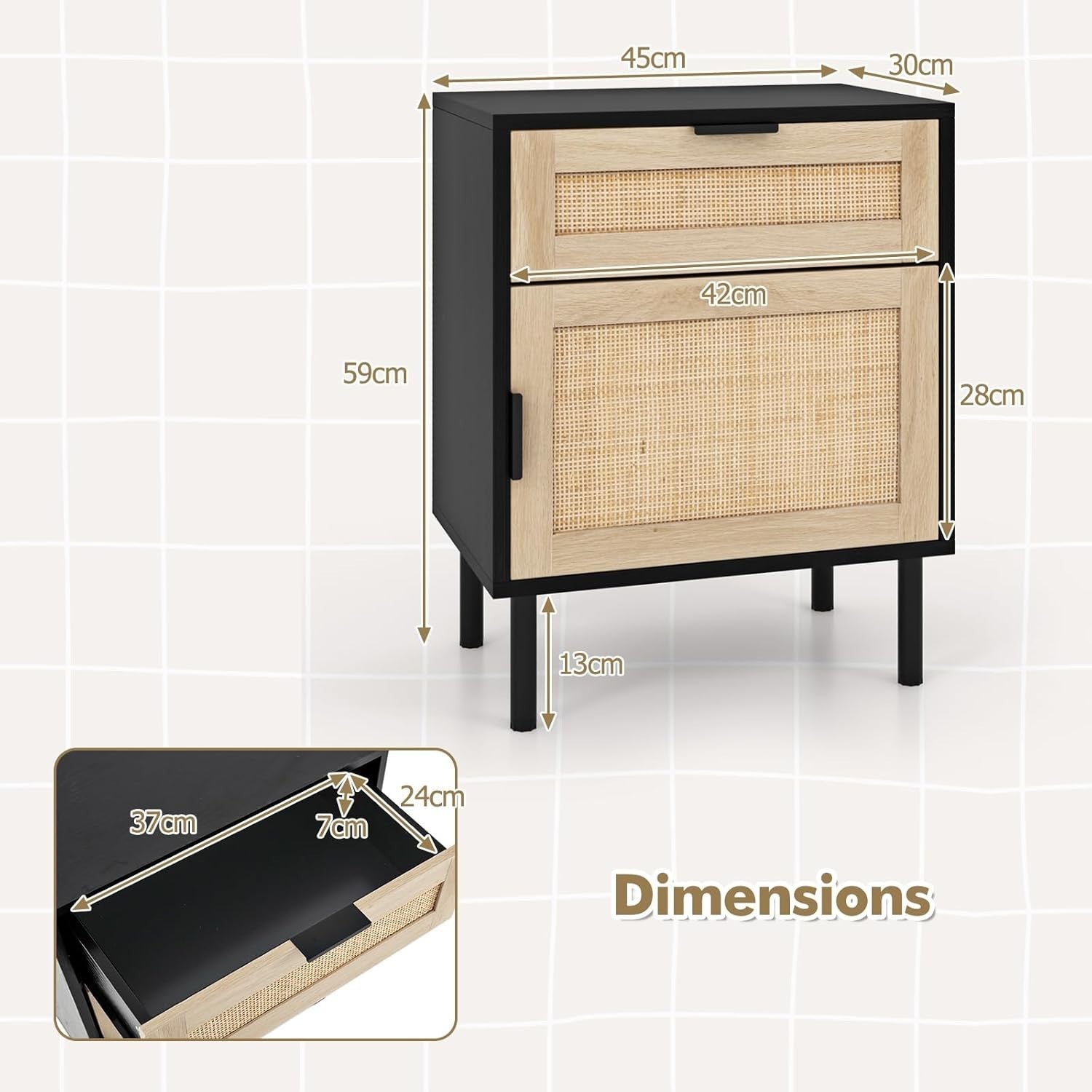 Set of 2 Black Rattan Bedside Tables with Drawer & Cabinet Modern Nightstands