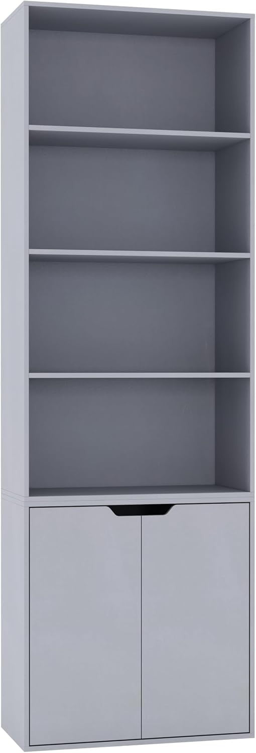 Grey 6 Tier Bookcase with Cupboard Modern Storage Shelf 29D x 58.5W x 180H