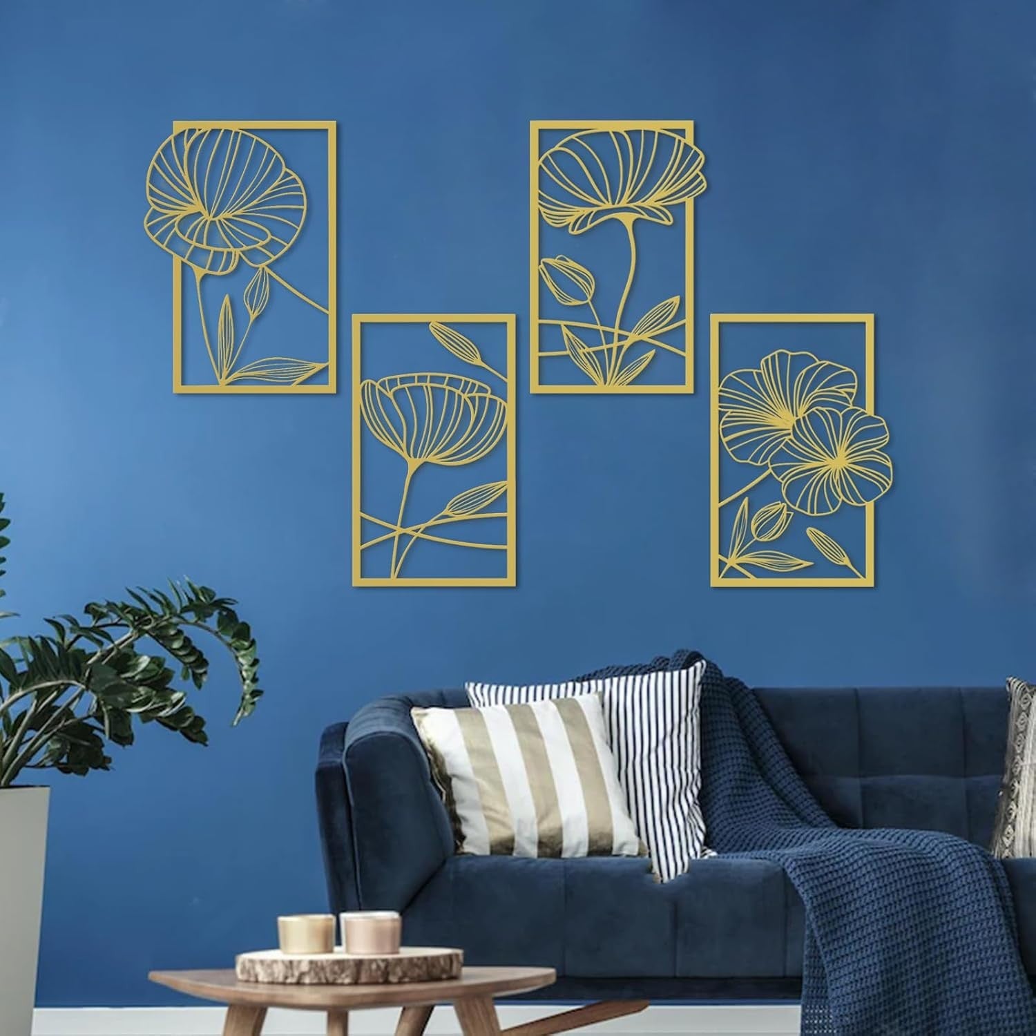 Gold Metal Wall Art Set of 4 Lotus Flower 3D Line Sculptures Modern Decor