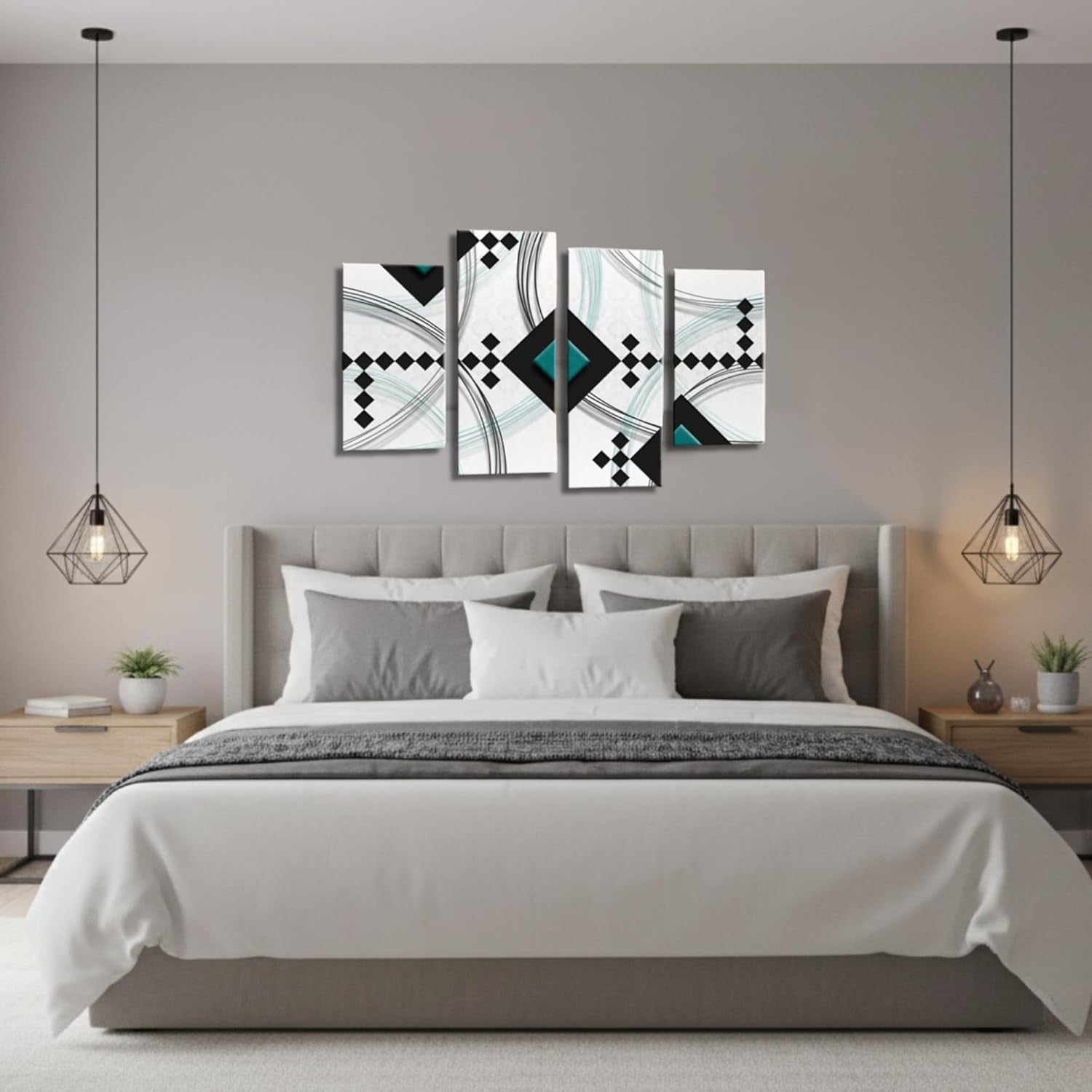 Teal Black White Abstract Wall Art 4 Panel Framed Canvas Set