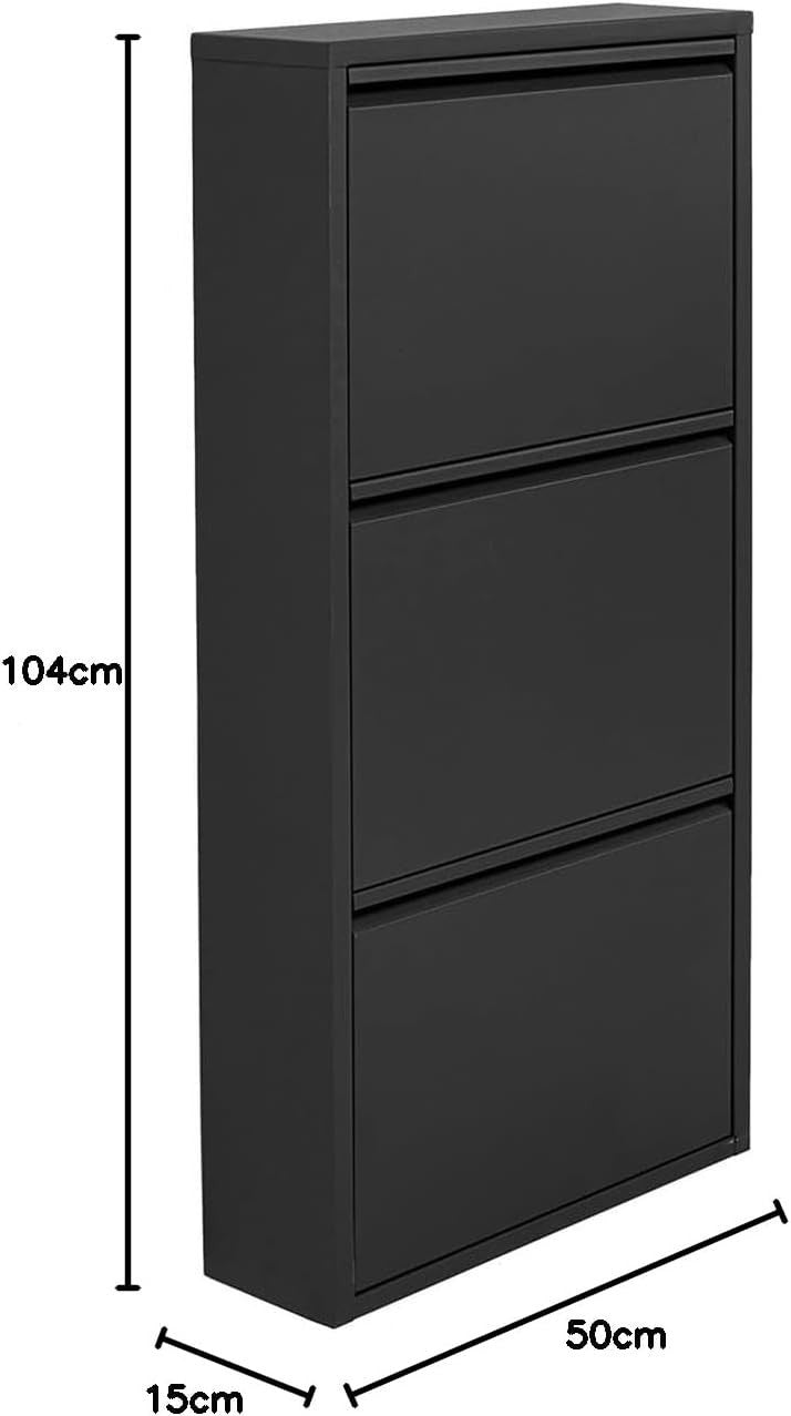 Slim Black Shoe Cabinet 3 Flip Compartments Space-Saving Storage Rack
