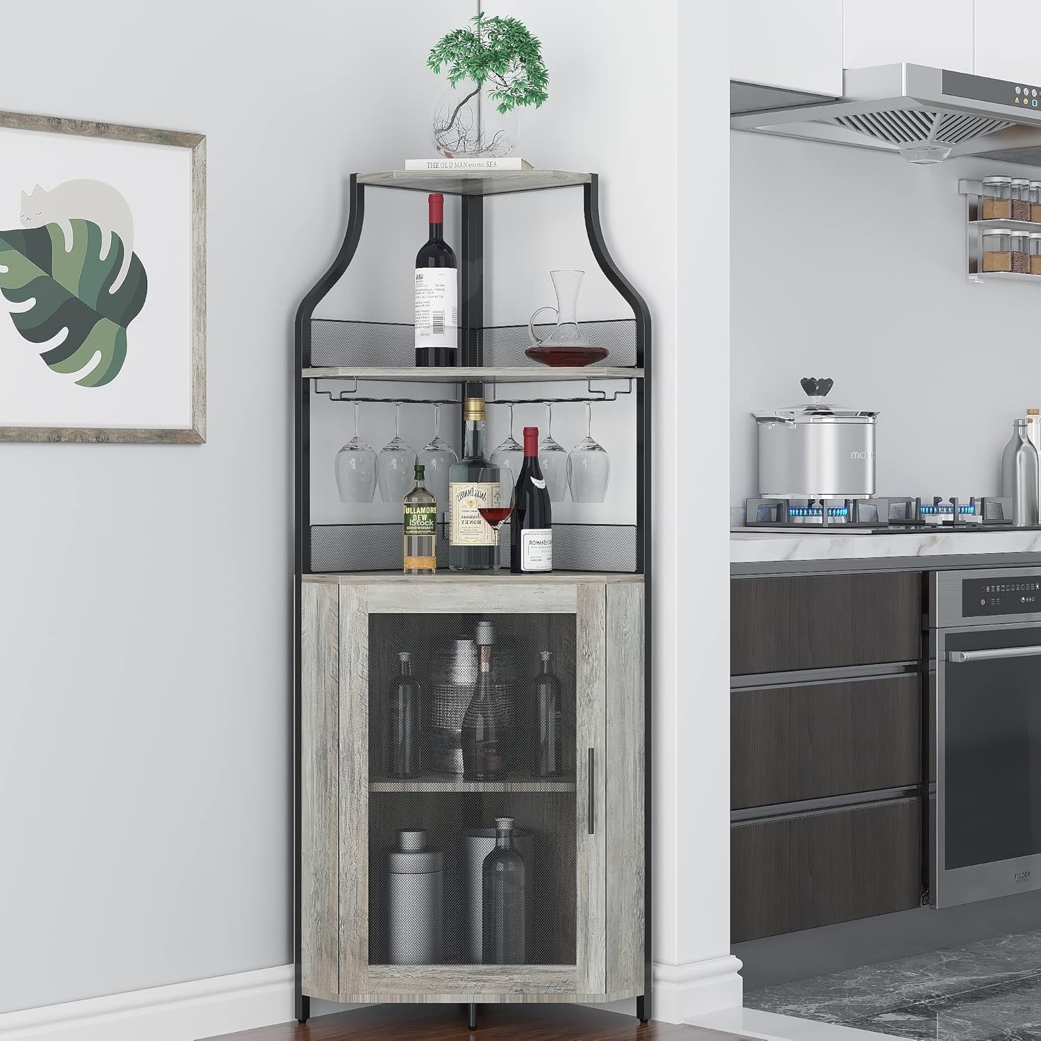 Corner Wine Cabinet with Glass Door & Removable Rack, Industrial Bar