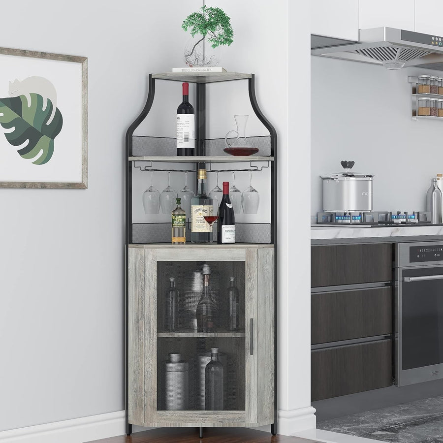 Corner Wine Cabinet with Glass Door & Removable Rack, Industrial Bar