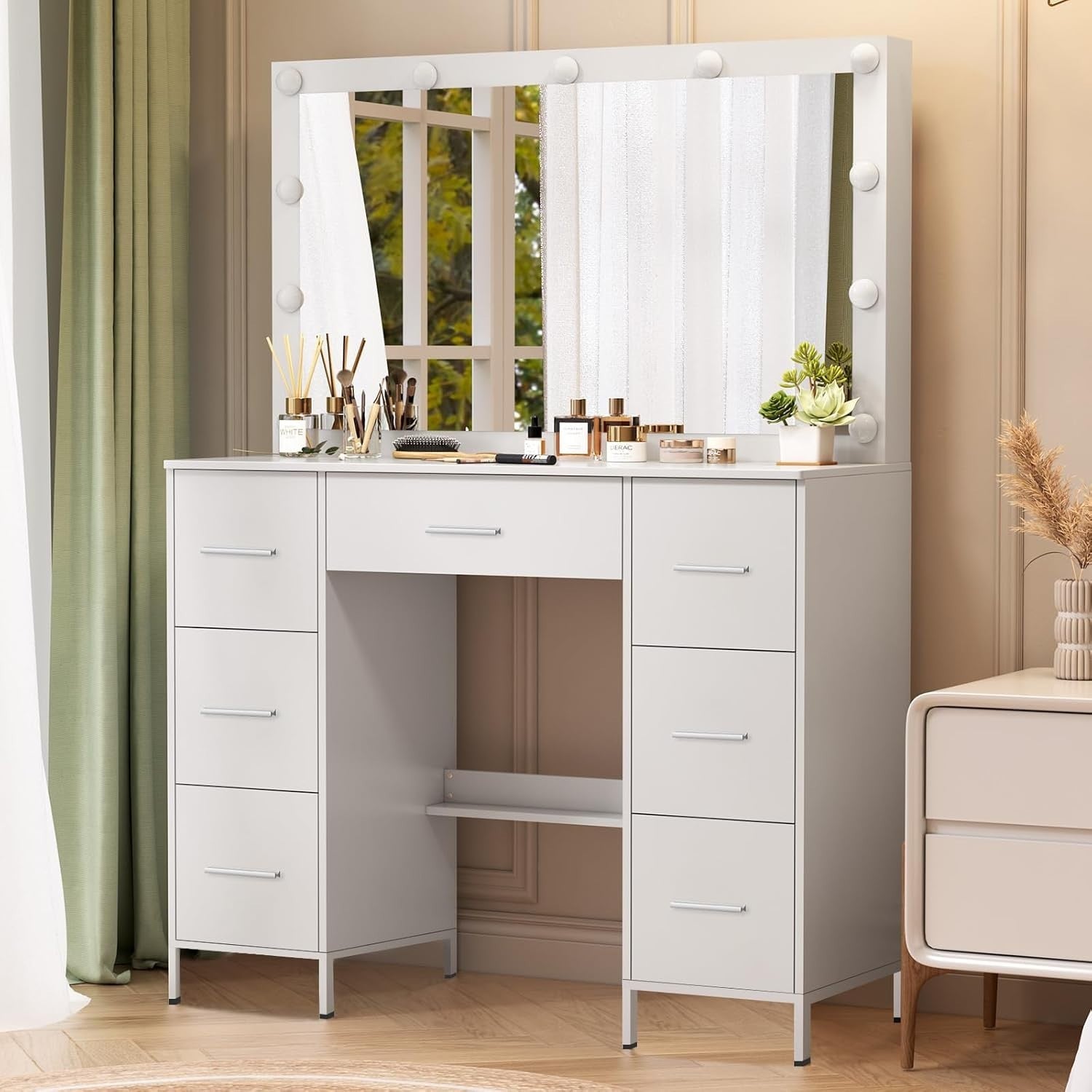 White Vanity Dressing Table with 11 LED Light Mirror, 7 Drawers, Modern Style