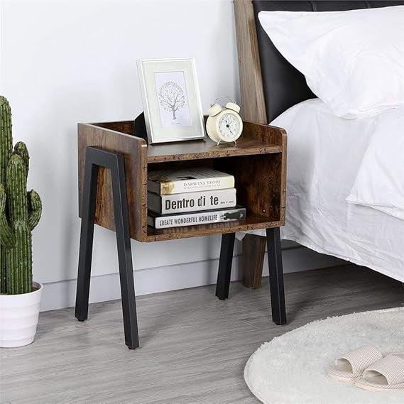 Rustic Brown Bedside Tables Set of 2 | Industrial Nightstands with Open Storage