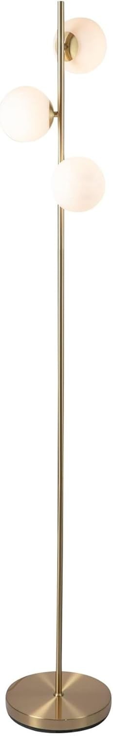 Modern Satin Brass Floor Lamp with Opal Glass Globes & Foot Switch