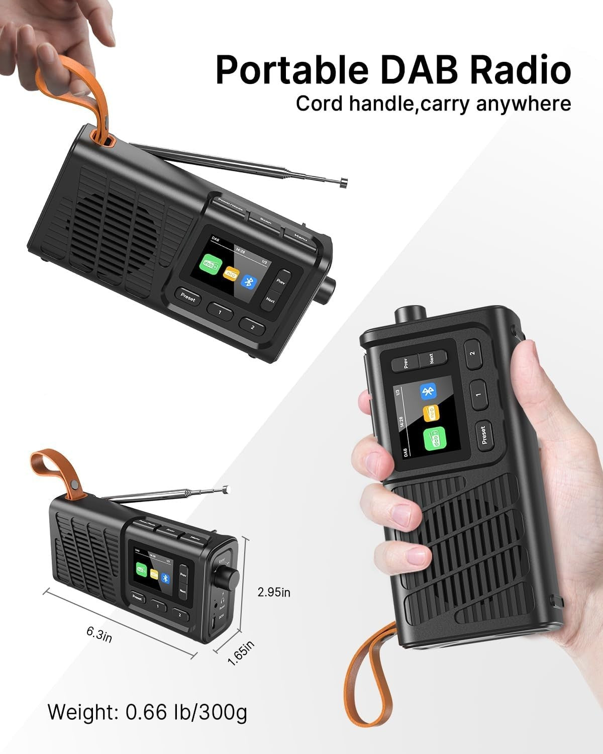 Portable DAB Radio Bluetooth FM USB Rechargeable with Dual Alarms