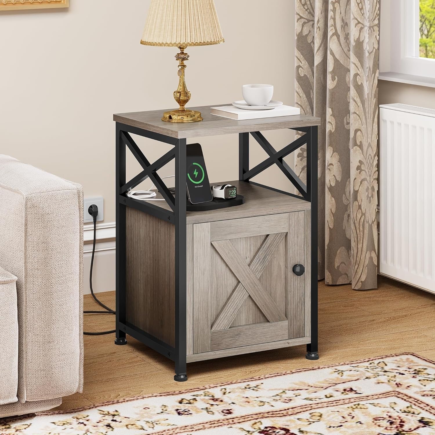 Grey Bedside Table with USB Ports & Storage Cabinet | Industrial Metal Frame