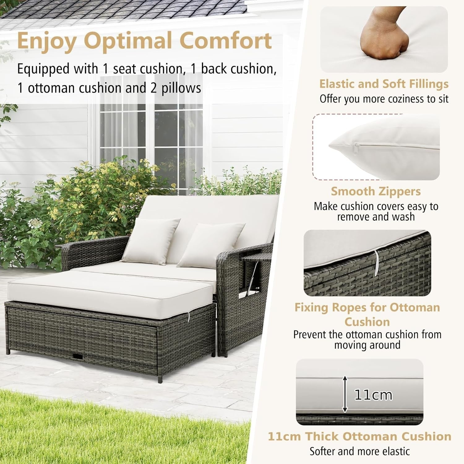 White+Grey 2-Seater Rattan Daybed Outdoor with Adjustable Back & Ottoman