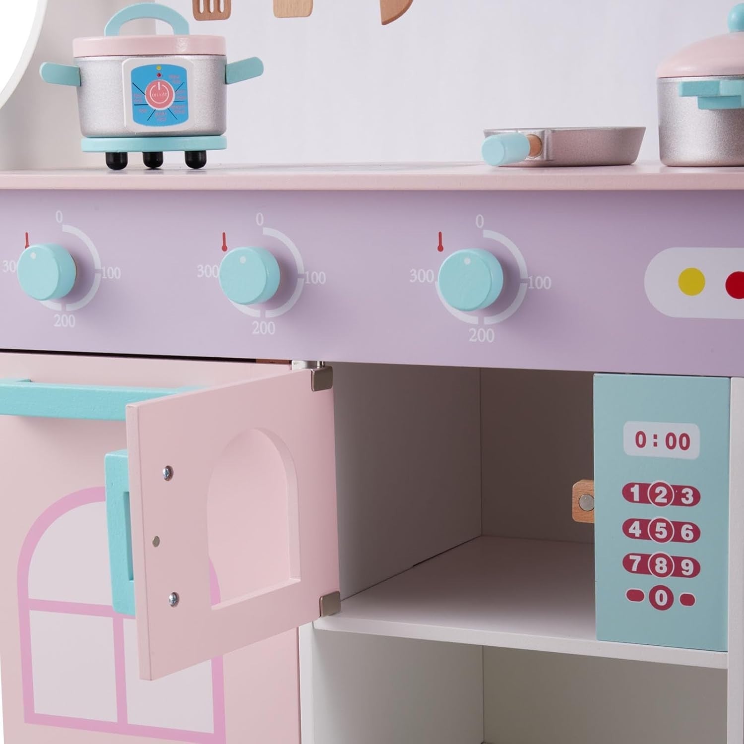 Large Wooden Kids Play Kitchen Pink Purple w/ Microwave Accessories