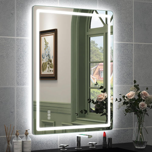 LED Bathroom Mirror 60x80 cm Silver Frame, Dual Light, Anti-Fog, Dimmable