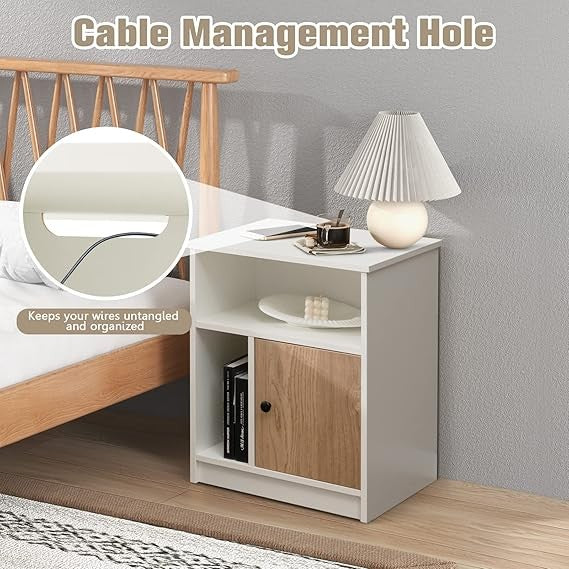 Modern Bedside Tables 2-Pack with Bamboo Door & Storage Shelves | White