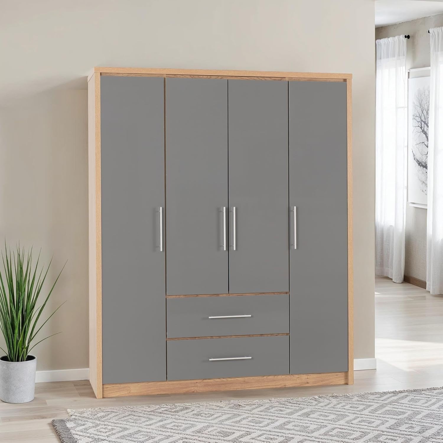 Grey Gloss 4 Door Wardrobe with 2 Drawers – Spacious Bedroom Storage Unit