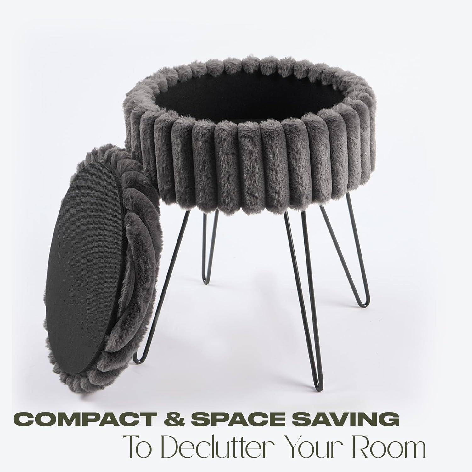 Charcoal Faux Fur Storage Stool Round Footrest Hairpin Leg Ottoman Seat