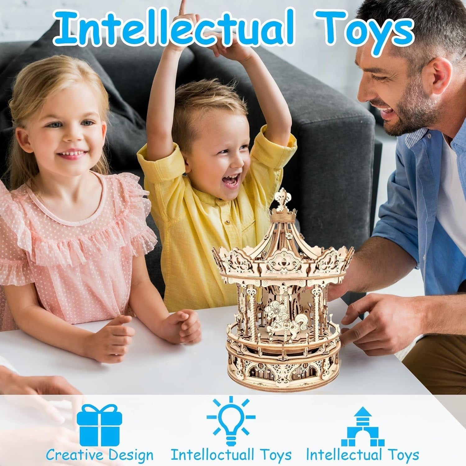 3D Wooden Music Carousel Puzzle with Mechanical Rotation & Light