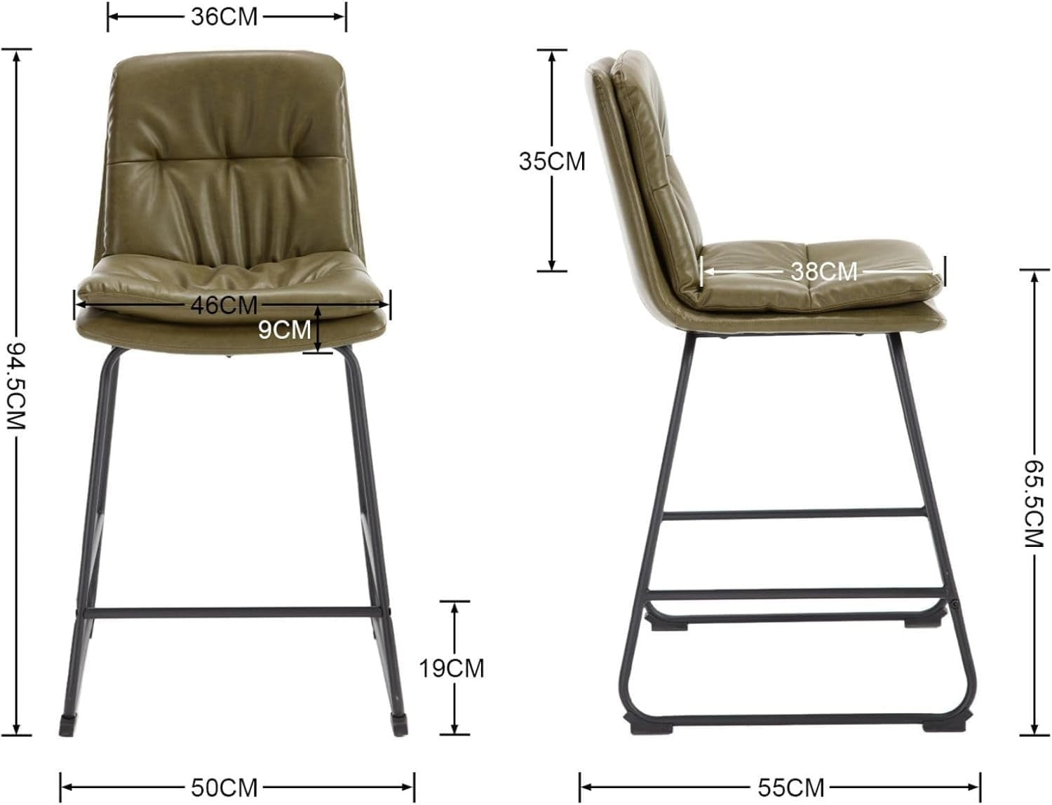 Modern Green Bar Stools Set of 2 – PU Leather Counter Chairs