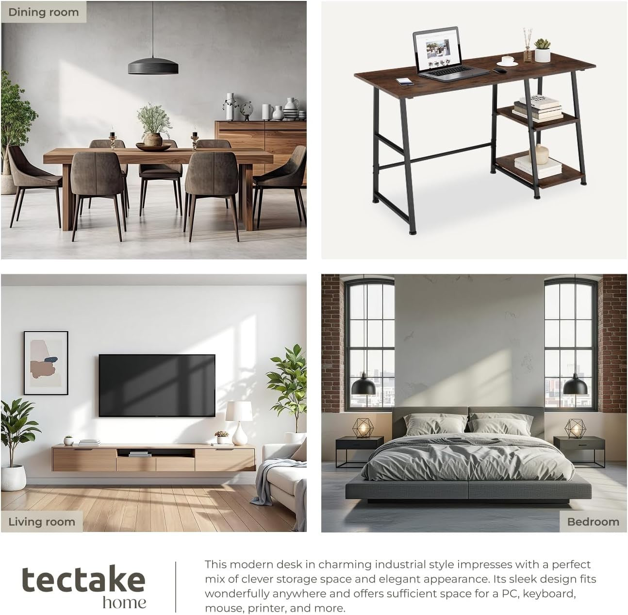Modern Computer Desk Dark Wood 120cm with 2 Shelves & Steel Frame Office Table