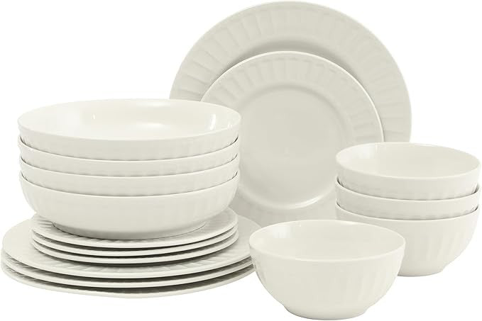 16pc White Embossed Dinnerware Set Plates Bowls Pasta Dish Service for 4