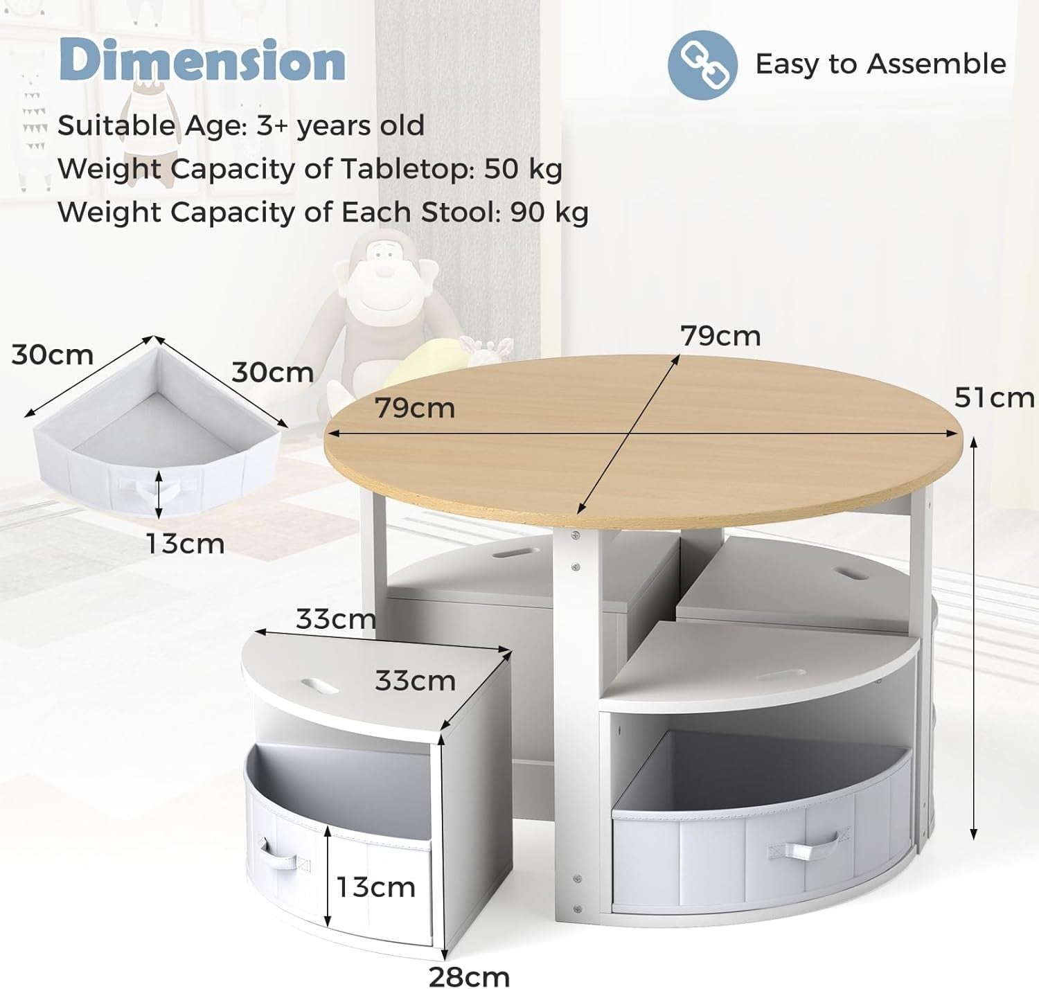 Kids Round Table & 4 Storage Stools Set with Fabric Drawers for Play & Learn