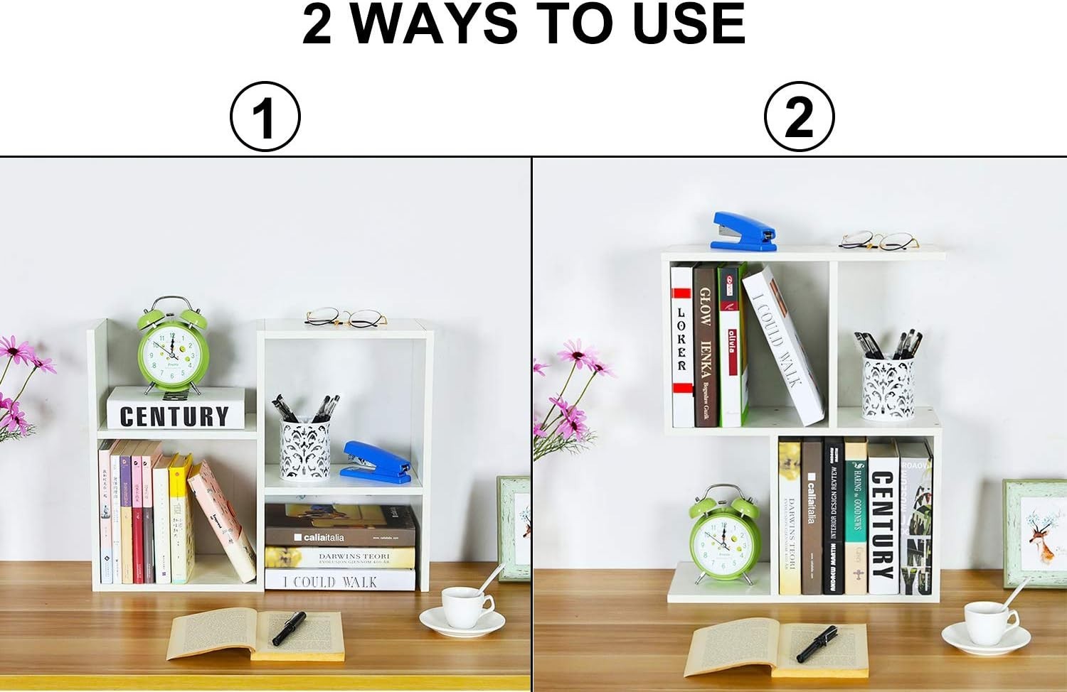 Adjustable White Desktop Bookshelf 3-Tier Desk Organizer Storage Shelf