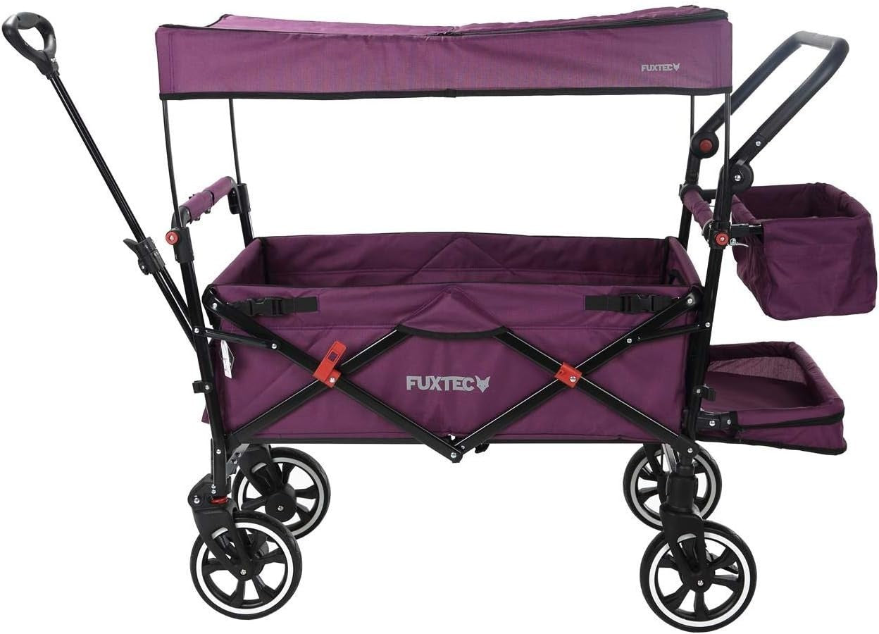 Purple Folding Stroller Wagon Kids Push Pull Cart w/ Canopy & Safety Harness