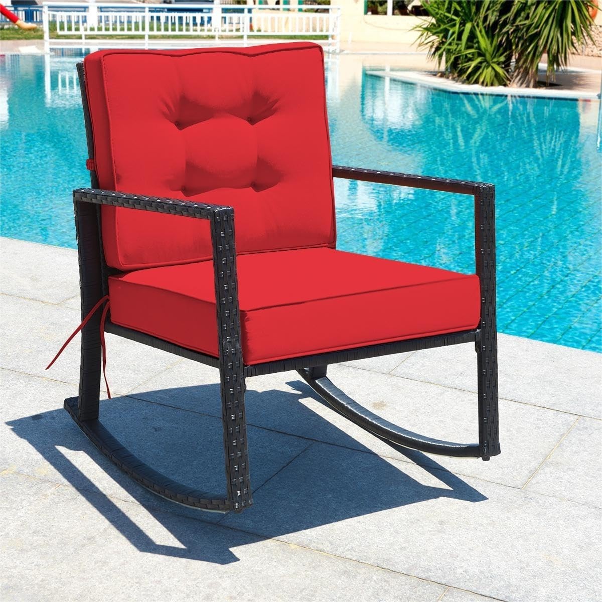 Outdoor Wicker Rocking Chair with Cushions & Armrest for Patio Comfort