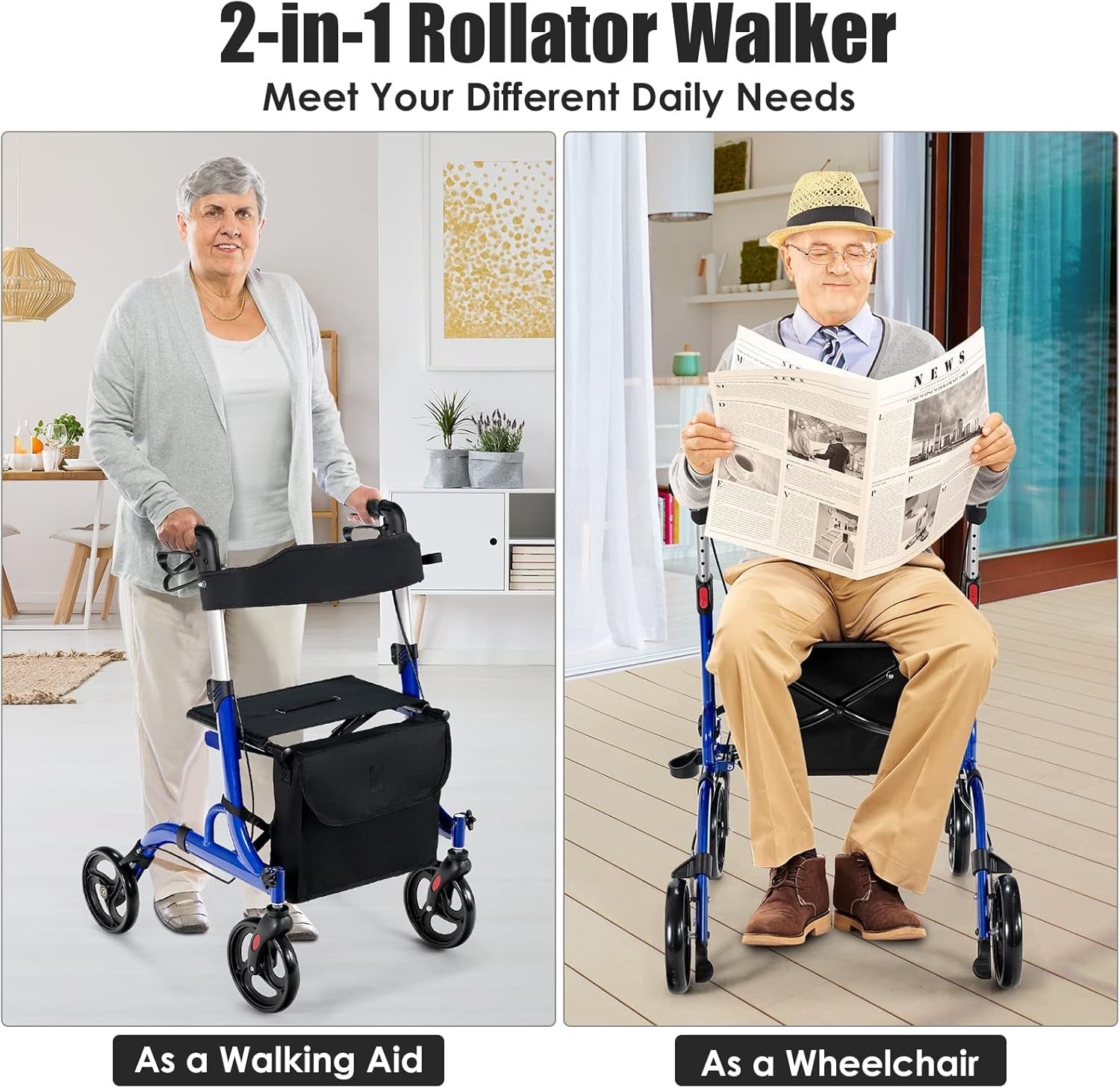 Lightweight Rollator Walker with Seat 4 Wheel Folding Adjustable Mobility Aid