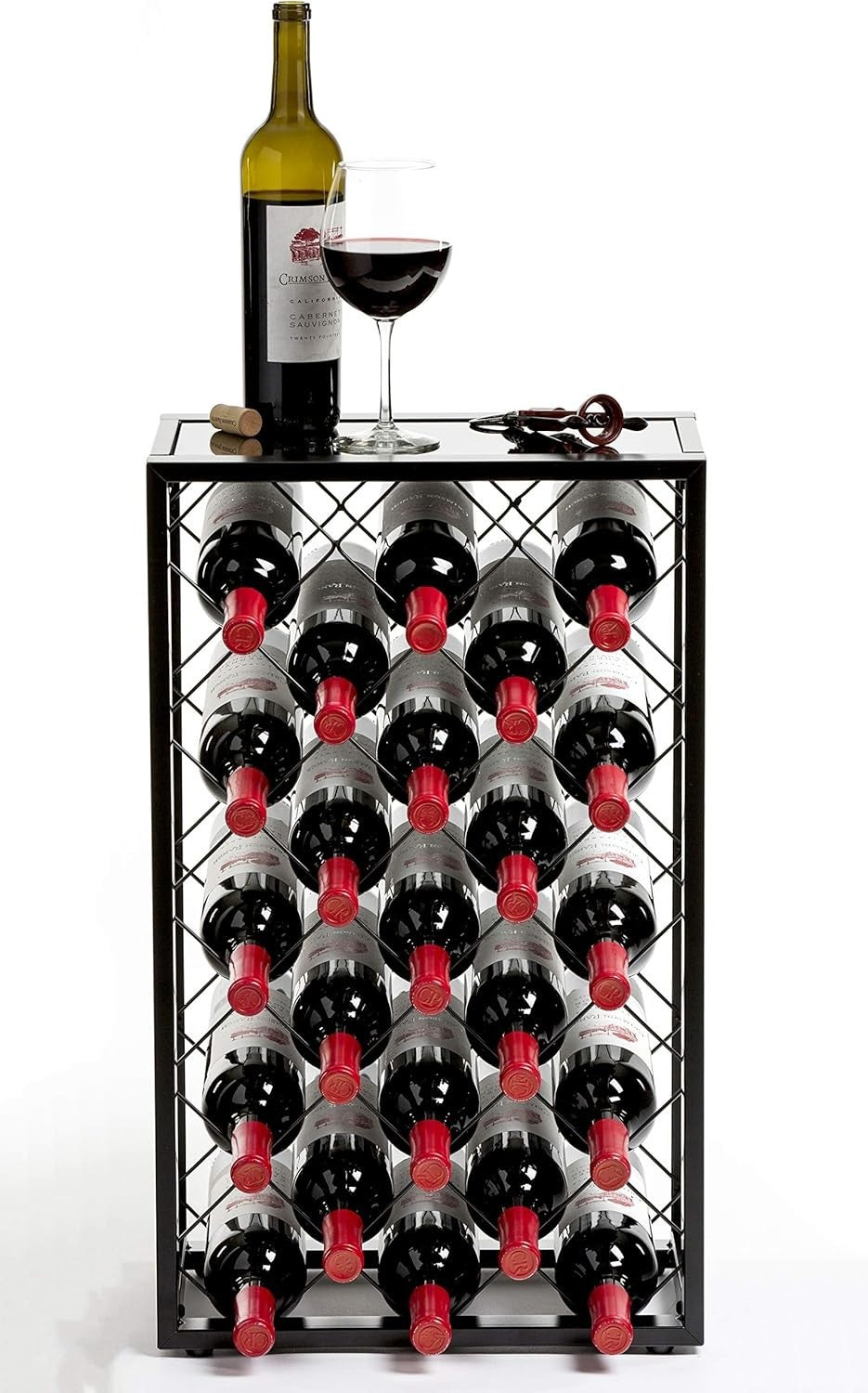 23 Bottle Metal Wine Rack with Glass Top Shelf Free Standing Black Kitchen Bar