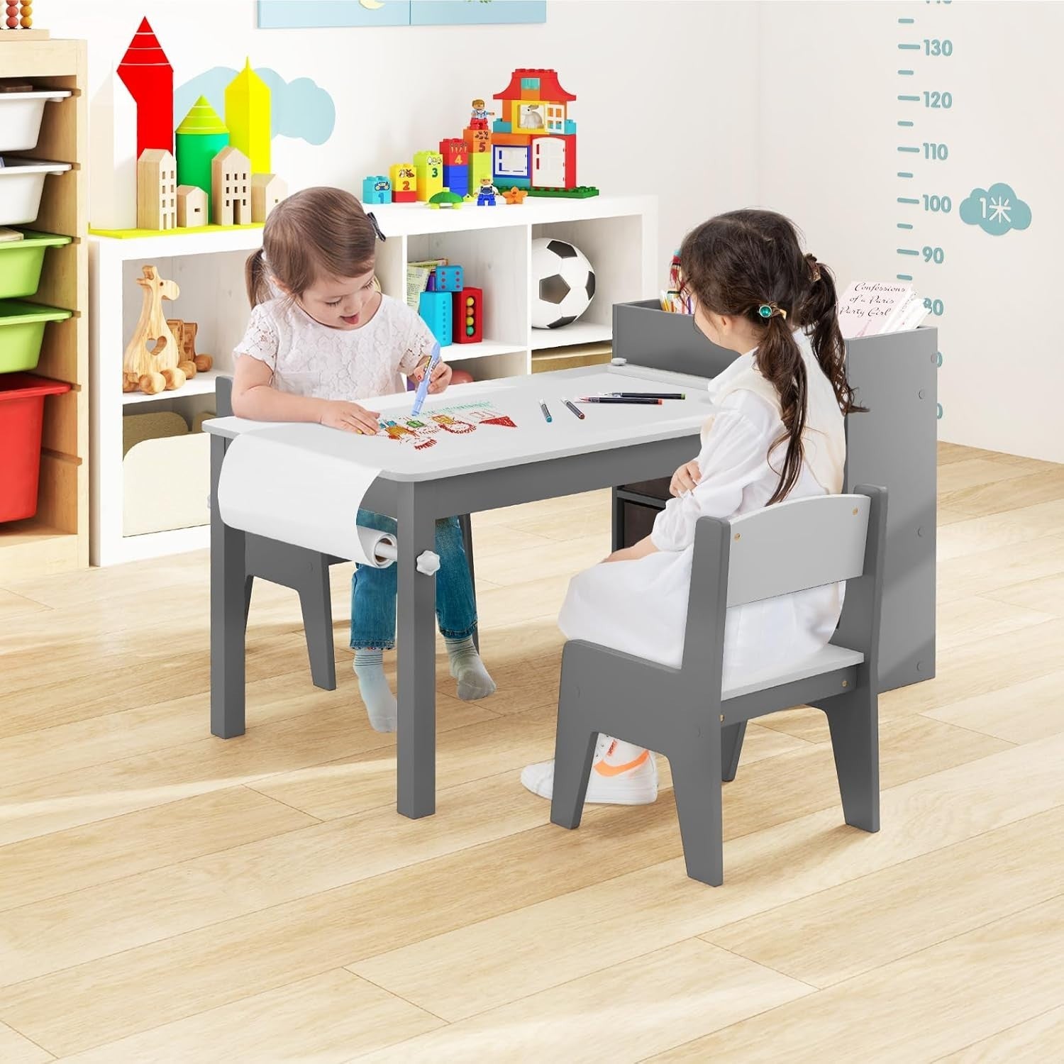 Kids Art Table & Chair Set Grey – Paper Roll + Storage Bins Craft Desk