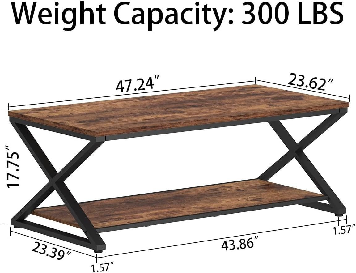 Industrial Coffee Table with Storage Shelf, 47" Rustic Wood Metal Living Room