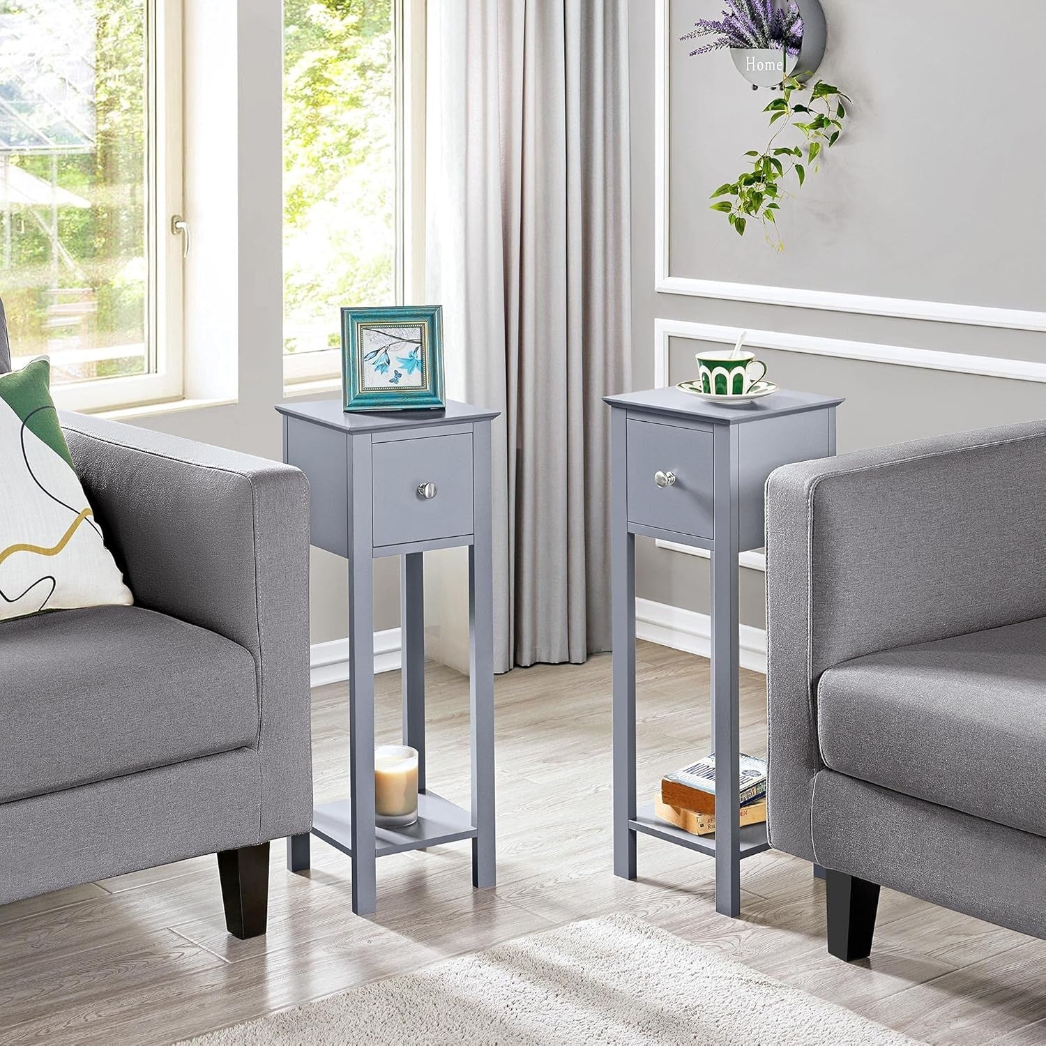 Set of 2 Grey Slim Tall Bedside Tables with Drawer & Shelf – Narrow 25x25x70cm