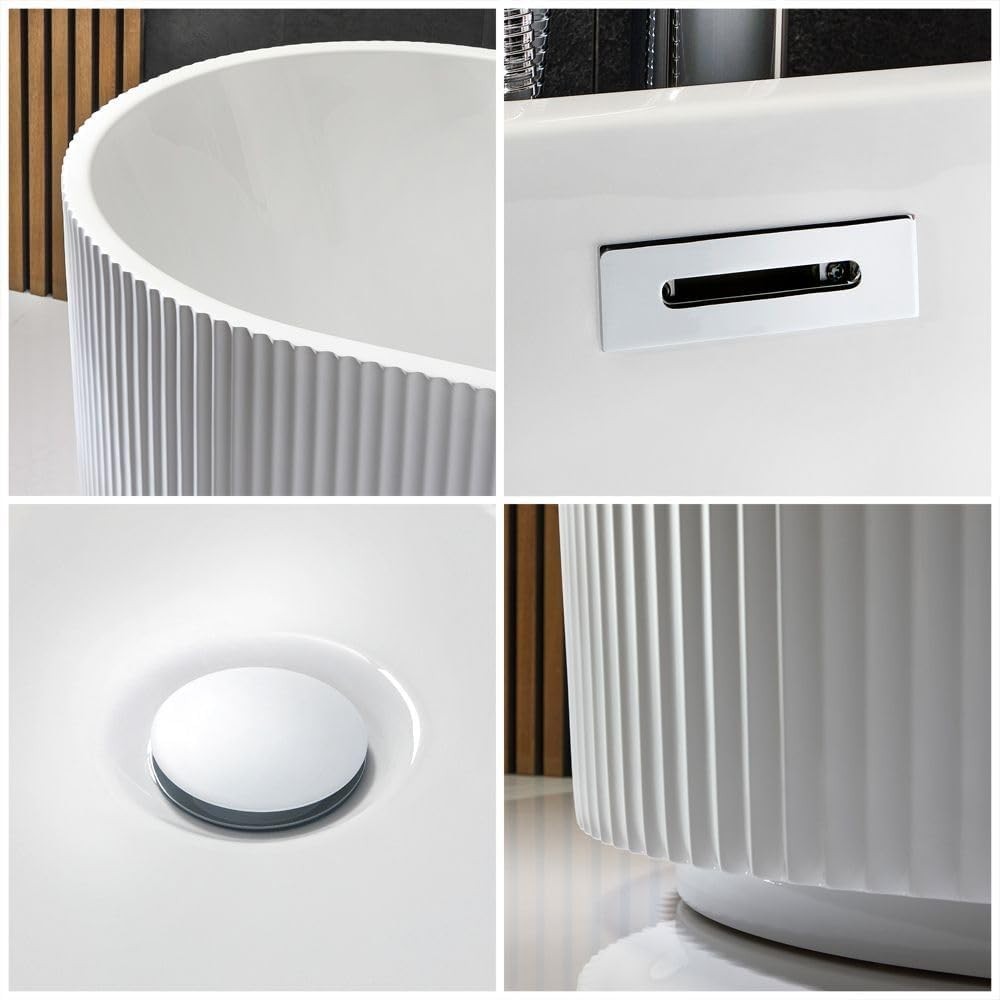 White Double Ended Freestanding Fluted Bath 1700x800mm Chrome Overflow