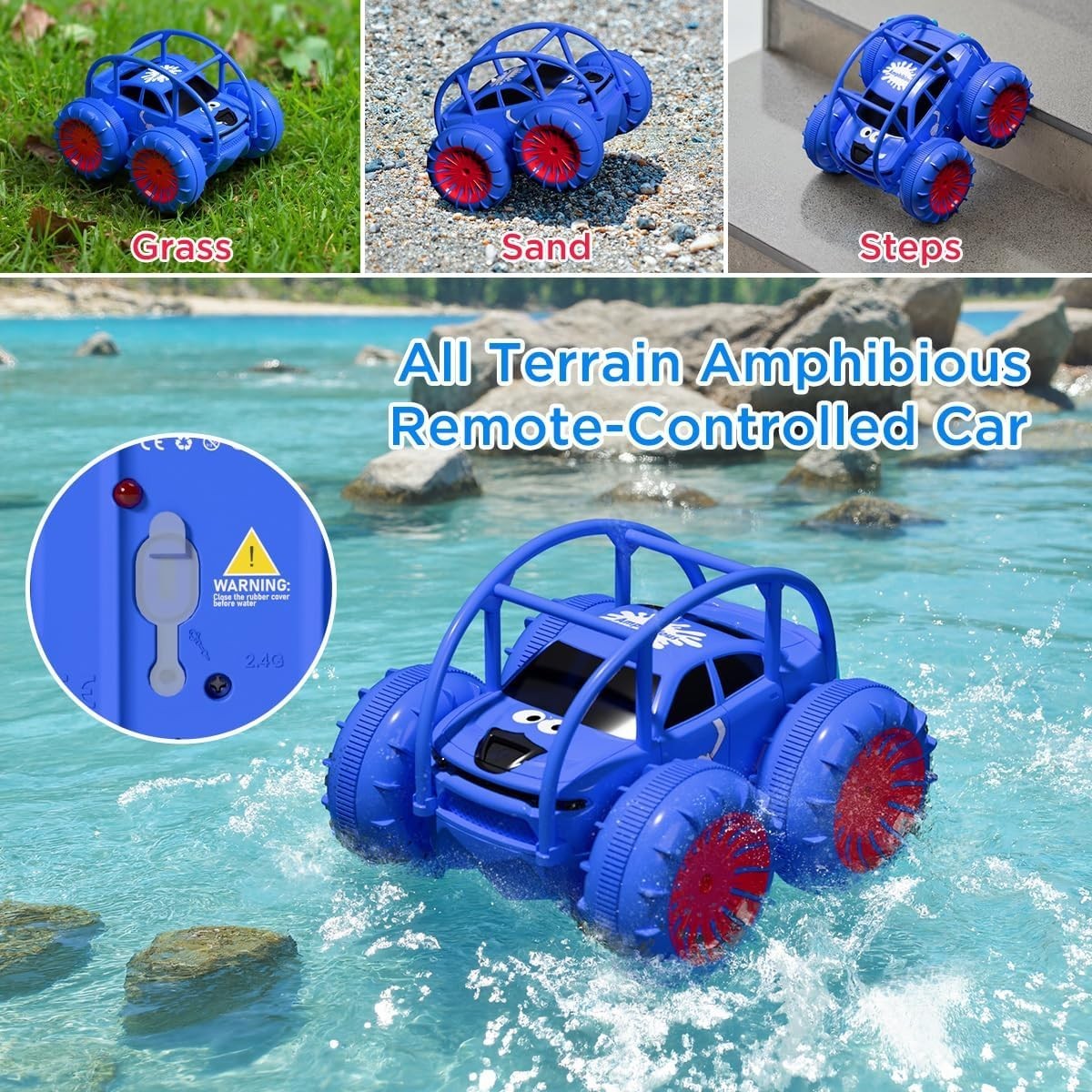 Amphibious RC Stunt Car 4WD Type-C Rechargeable 360° Flip LED Lights Kids Toy