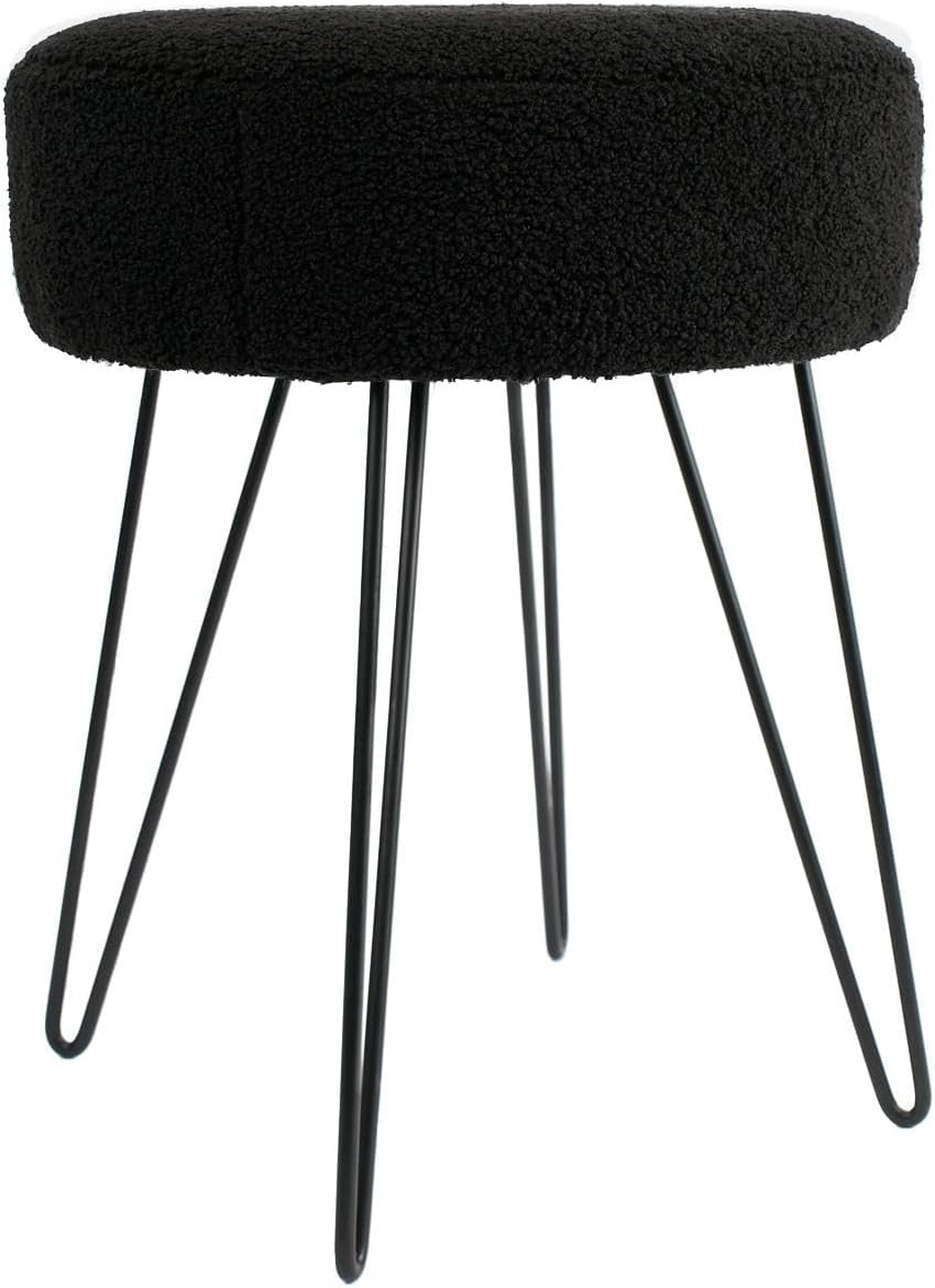Black Bouclé Round Stool Modern Padded Pouffe Footrest Hairpin Leg Seat
