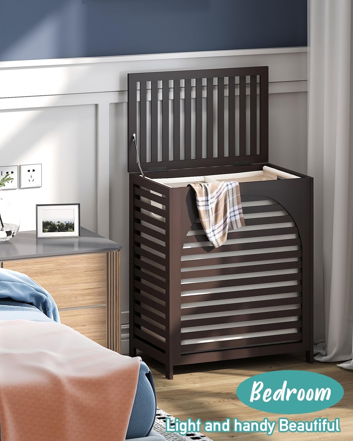 Brown Bamboo Laundry Hamper XL 103L with Lid & Removable Liner | Ventilated Bask