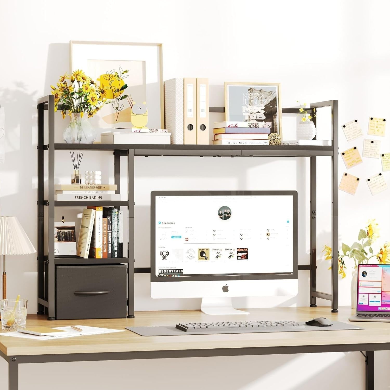 41" Desk Hutch Organizer Shelf with Drawer | 3-Tier Desktop Rack for Monitor 32"