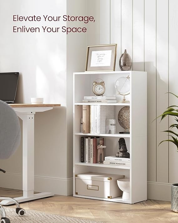 4-Tier White Bookshelf Adjustable Storage Unit Open Shelving Bookcase Home