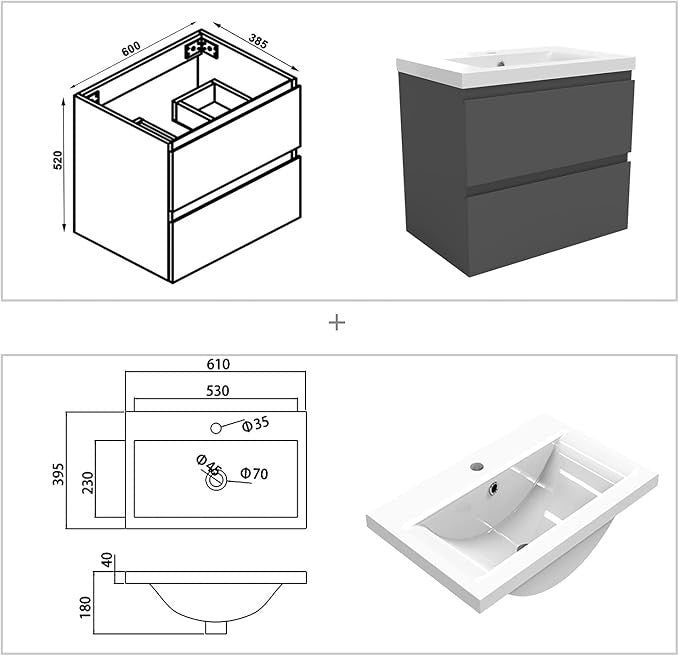 600mm Bathroom Vanity Unit with Basin Sink 2 Drawer Wall Hung Storage Cabinet
